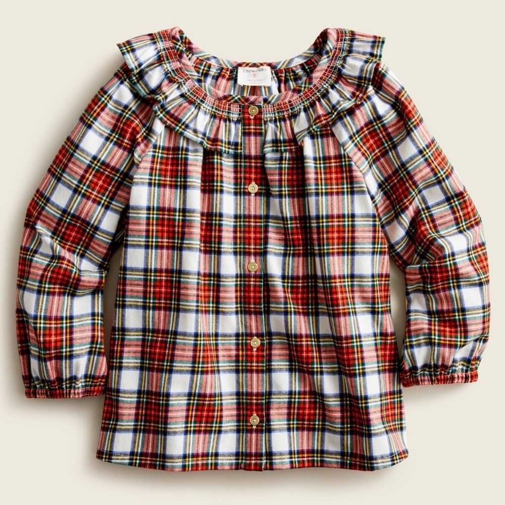 Crewcuts Girls' Ruffleneck Top In Snowy Stewart Tartan size small 4-5